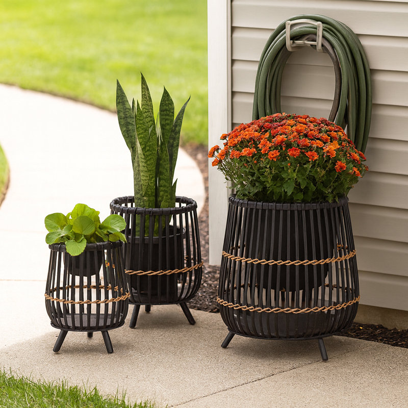 Modern Round Bamboo Wood Planters for Indoor and Outdoor Spaces - Artistic Flower Pots for Home, Living Room, or Patio Decor - Set of 3