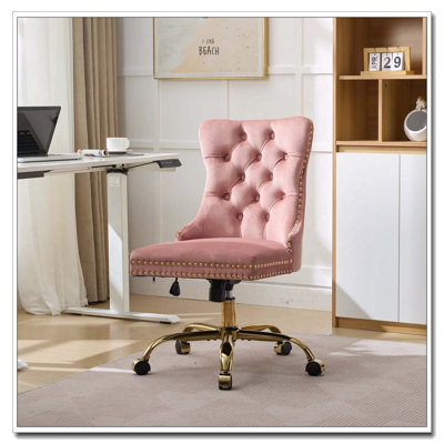 Chaise de bureau en velours de luxe avec base dorée et capitonnage à losanges