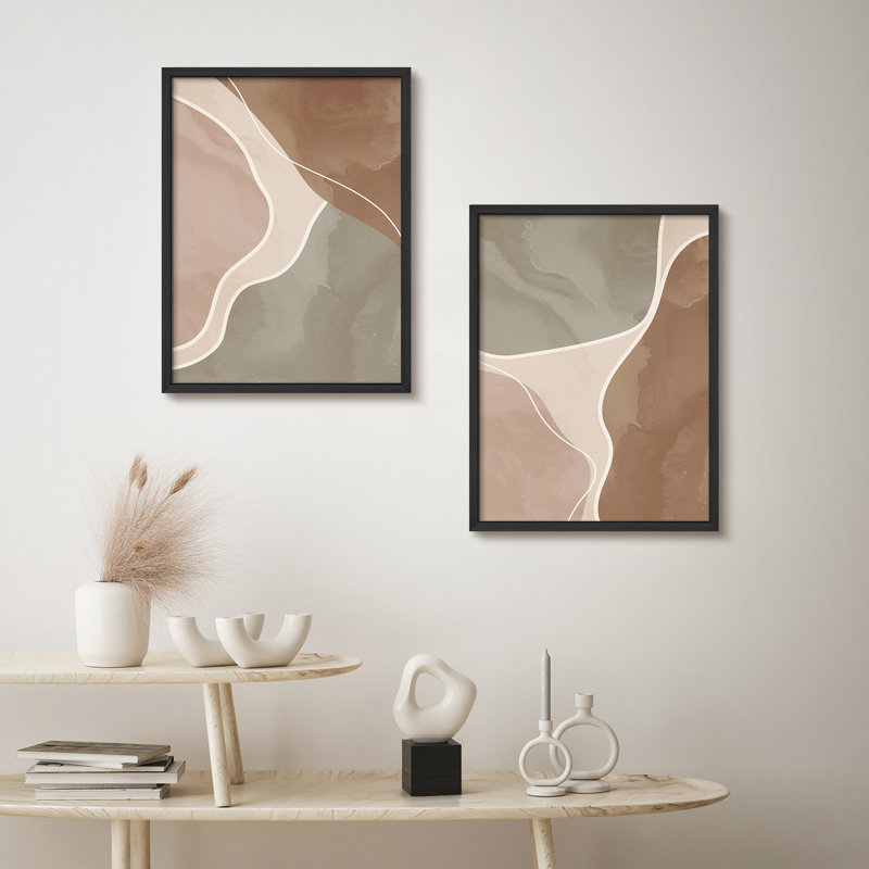 «Green Tan Brown», art moderne abstrait, impression encadrée, affiche, salle de bain, petit art mural, Blanc / Blanc