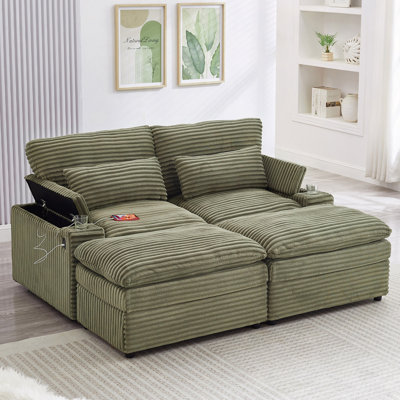 Canapé-lit modulaire à combinaison libre 70,9 po avec causeuse avec espace de rangement, deux repose-pieds mobiles, quatre ports USB et deux porte-gobelets