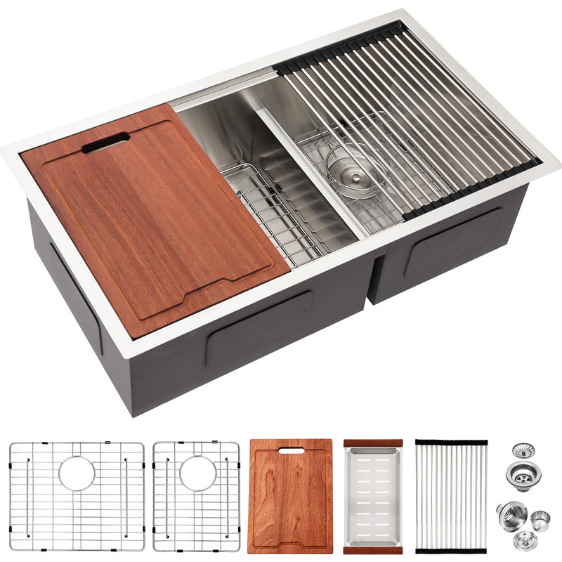 16 Gauge T304 Stainless Steel Double Bowl 60/40  30"X19" Undermount Kitchen Sink With 10" Deep Basin, Apron Front Design, Easy - Clean Drain, R10 Rounded Interior, Condensation Layer, Noise Reducing