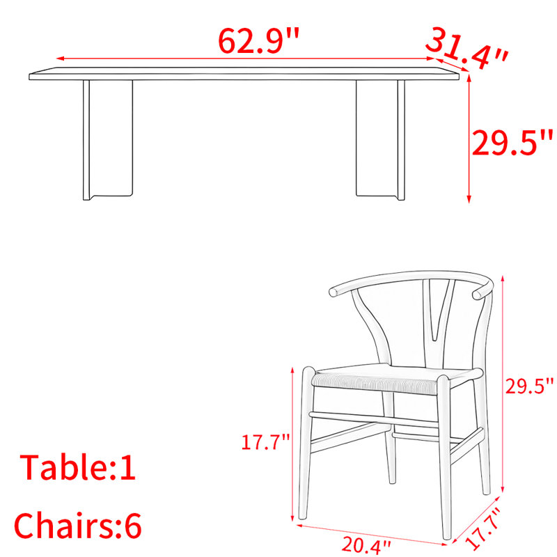 Ensemble de table de salle à manger en bois massif de style nordique, H 29,5 po x L 62,9 po x l 31,4 po