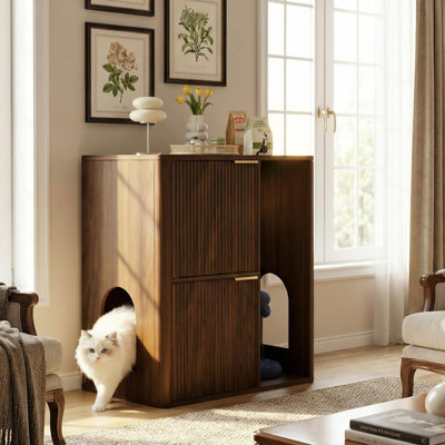 Enceinte de litière pour chat avec arbre à chat et poteau à griffes intégré, armoire à litière cachée moderne Mid-Century, grande table d'appoint en bois pour chat avec tablette de rangement