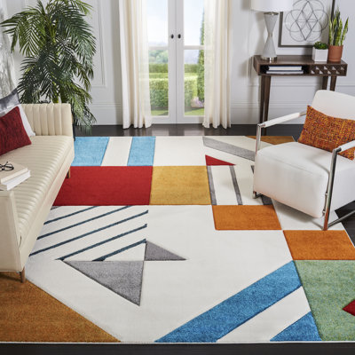 Garima Geometric Ivory/Peacock Blue Area Rug