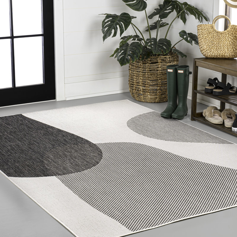 Tapis d'intérieur / extérieur crème / noir à motif géométrique moderne Daniel, Rectangle 7 pi 10 po x 10 pi