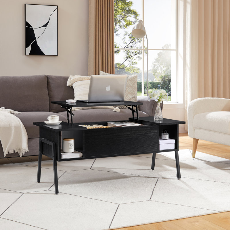 Table basse à plateau relevable Berck avec tablette de rangement et compartiment caché, Noir, noir, noir, noir