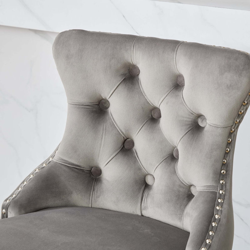  Leisure Style Swivel Velvet Bar Stools with Tufted, Wood Legs and Chrome Trim, Gray