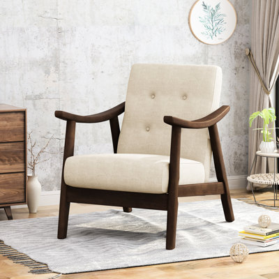 Chaise rembourrée beige avec accoudoirs de style Mid-Century avec structure brune et structure en bois d'hévéa