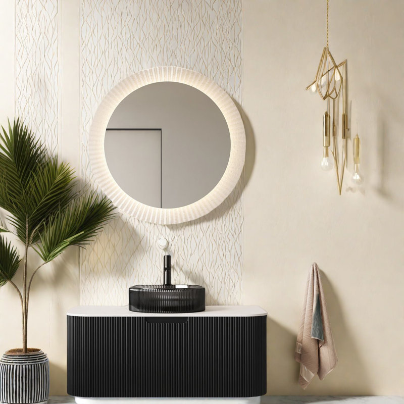 Meuble-lavabo mural moderne avec rangement, meuble-lavabo noir et lavabo en verre