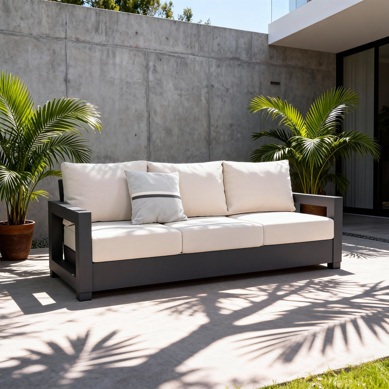 Outdoor 3-person Patio Conversation Sofa, White Cushion/Black Frame