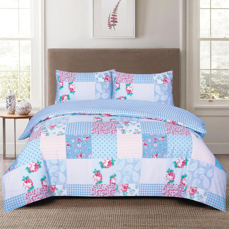 Complete Bedding Set Cotton Rich Floral Duvet Cover, Fitted Sheet & Pillowcases Soft, Breathable & Wrinkle-Resistant, Blue