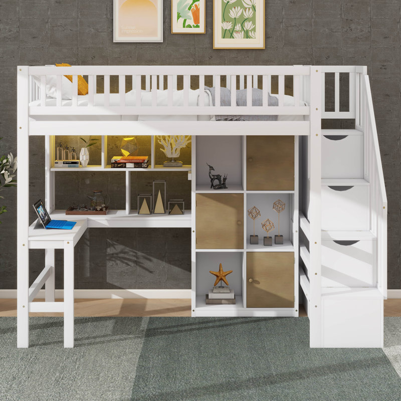 Lit surélevé en bois pour lit simple avec bureau, lumières DEL et supports de rangement, White