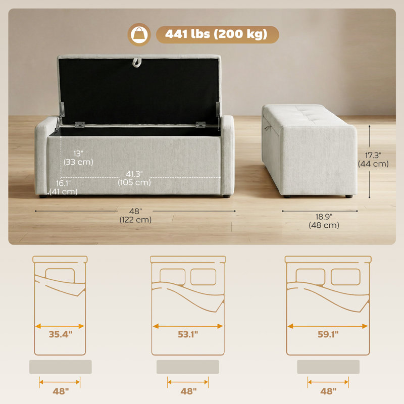 Banc de rangement avec repose-pieds, repose-pieds avec siège rembourré large, blanc crème, Crème