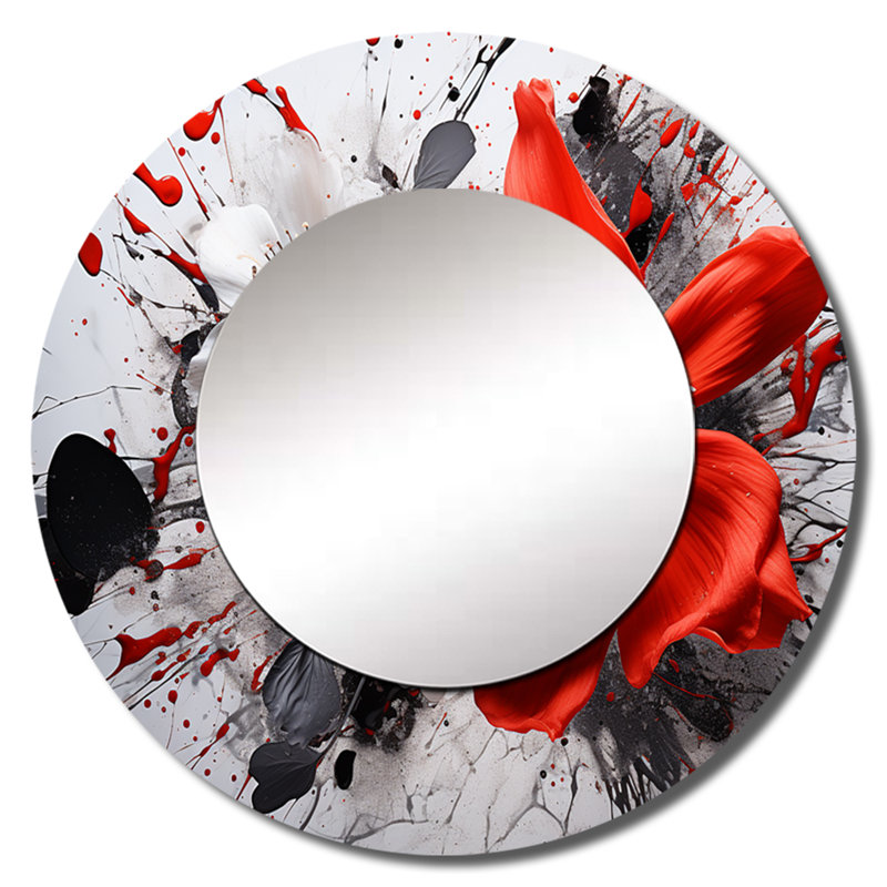 Patericia Red Grey Botanical Symphony I - Botanicals Wall Mirror, Red Round Decorative Mirror, Printed Metal Art, 36" x 36"