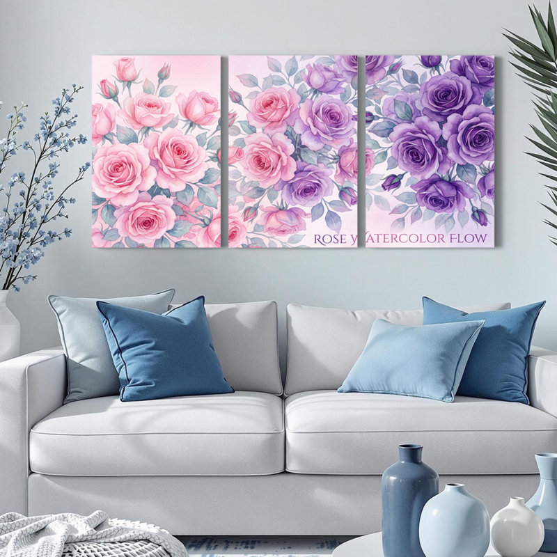 Ensemble de 3 tableaux muraux en toile tendue, style aquarelle, représentant des roses, pour la décoration du salon et de la chambre.