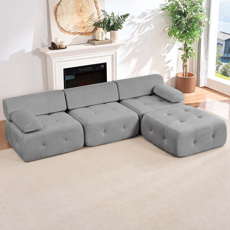Mercer41 100.4” Velvet L-Shaped Modular Cloud Couch with Reversible Ottoman,4 Seater Button Ring Tufted Combination Sofa for Living Room
