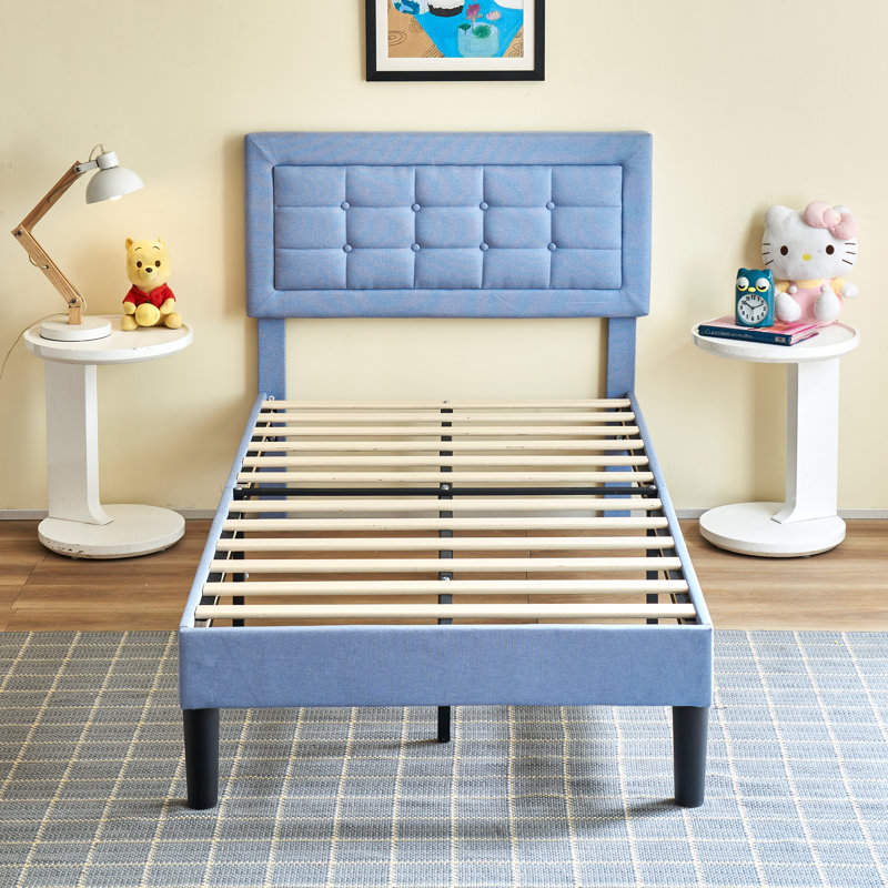 Scarpaci Twin Size Upholstered Bed Frame Set of 2, 2 Pieces Twin Platform Bed Frame with Adjustable Headboard, Wooden Slats Support, No Box Spring Needed, Noise-Free