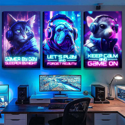 Framed Gamer Themed Wall Art With Neon Cats And Dog, Set Of 3 Framed Prints, Video Game Decor Room Posters For Bedroom Gaming Wall Art For Kids Playroom Posters Gamer Picture Teen Bedroom12 X 16 Inchesx3