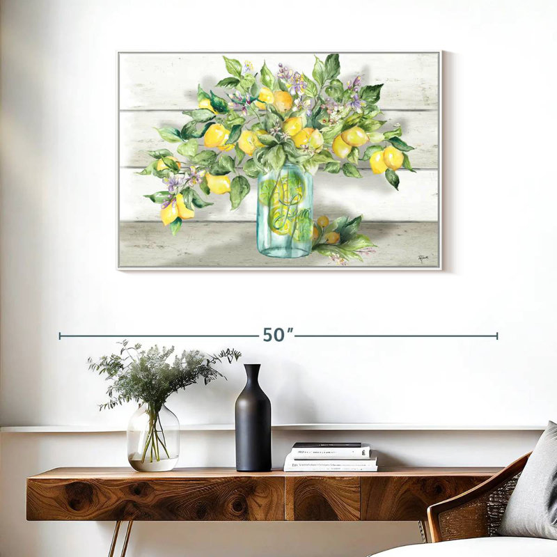 Aquarelle de citrons dans un pot Mason, Cadre flottant blanc, 37 po x 25 po
