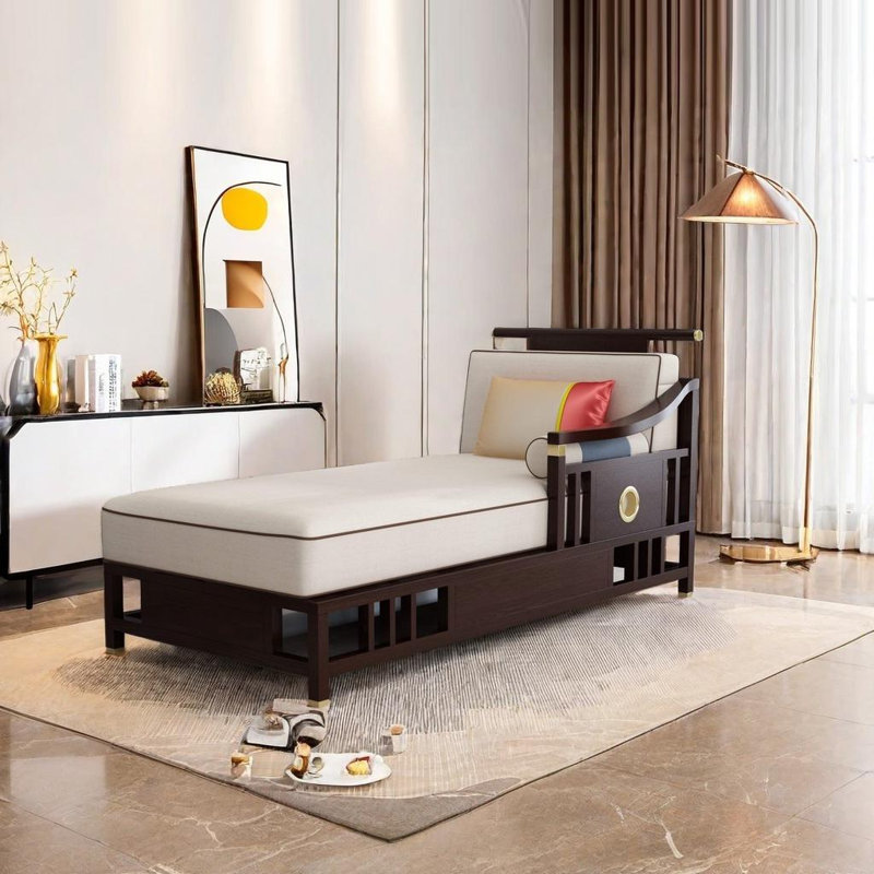 Chaise longue avec structure en bois, Marron foncé, Orienté à droite, Blanc crémeux