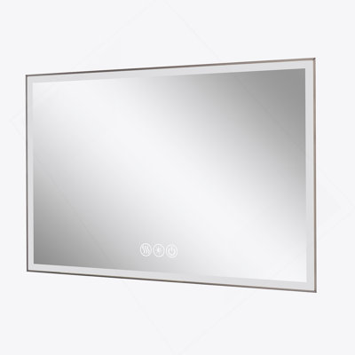 48*32In LED Framed Bathroom Vanity Mirror With Aluminum Frame, 45° Beveled Edge, 3 Colors, Anti-Fog, Modern Decor