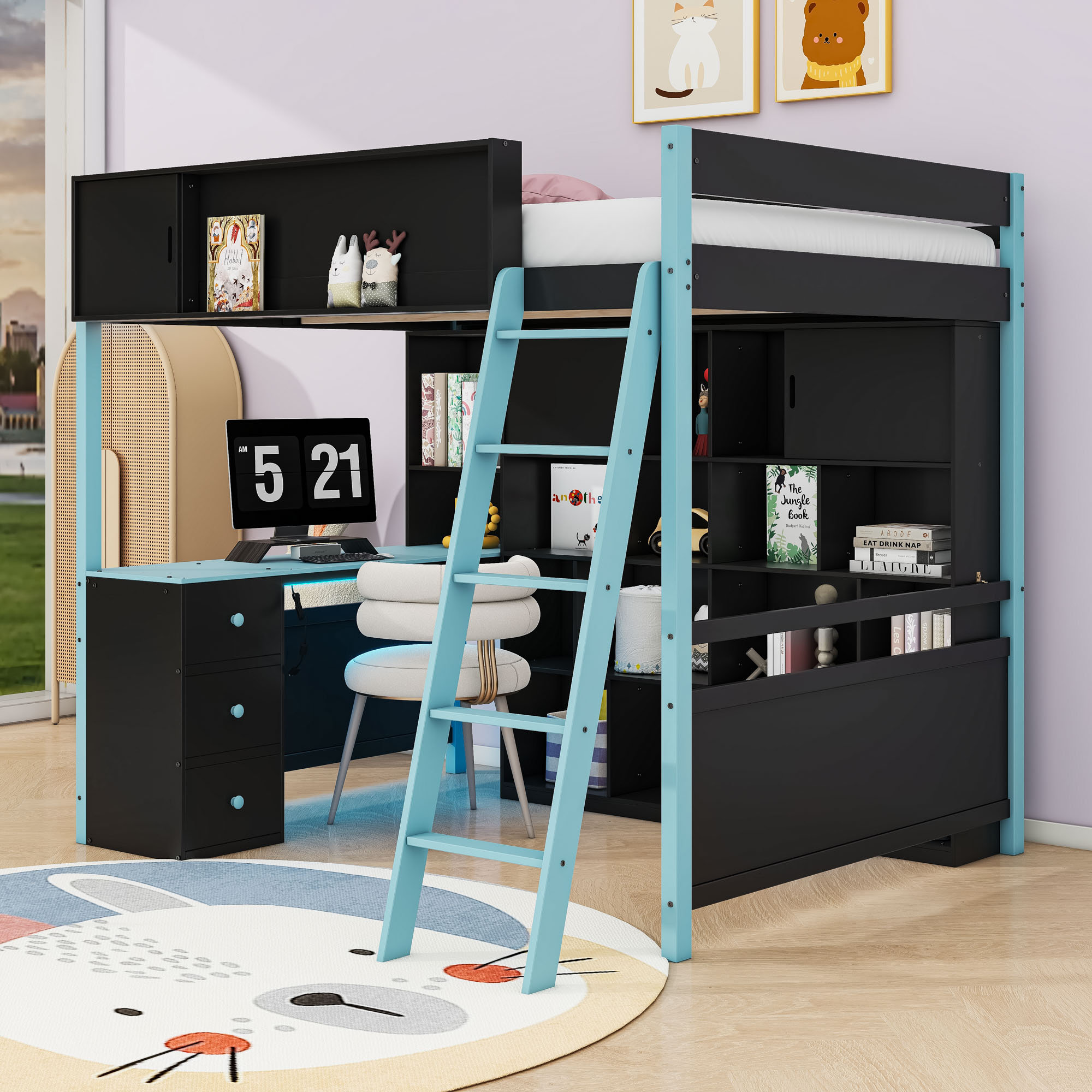 Harriet Bee Full Wood Loft Bed With Light, Desk, 3 Drawers And Shelves ...