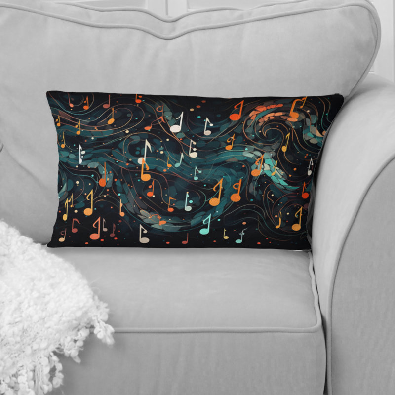 Vagues de notes de musique rétro orange et bleu III - Coussin décoratif imprimé de musique