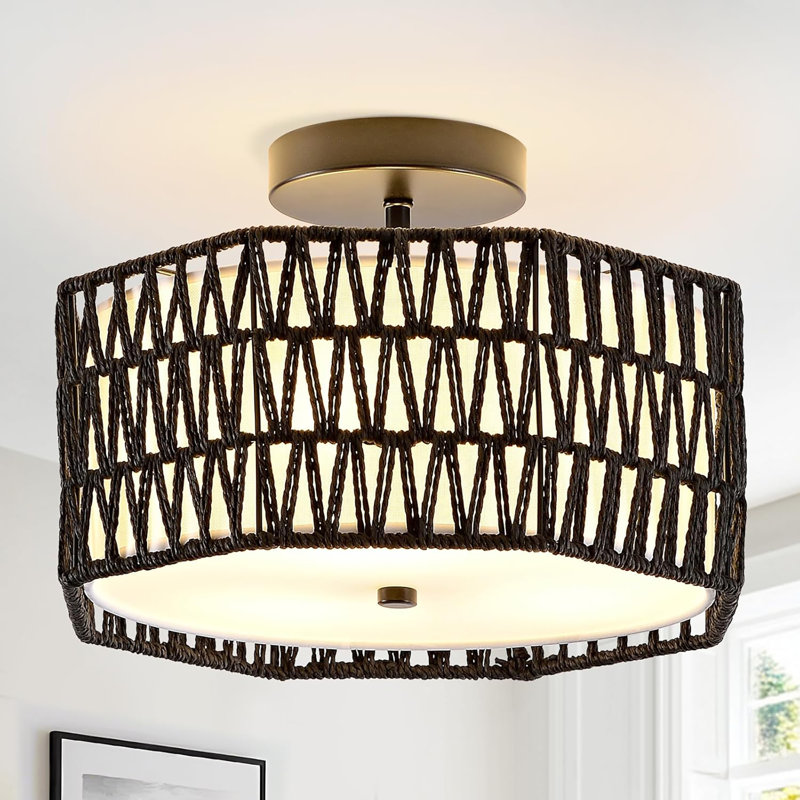 Plafonnier octogonal 12,6 po, plafonnier rotin 3 lumières, plafonnier encastré Boho pour salon, chambre à coucher, salle à manger, îlot de cuisine, couloir, vestibule