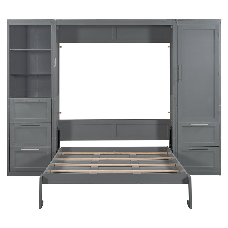 Grand lit escamotable mural avec placard, tiroirs et tablettes, rangement sur mesure, Grey