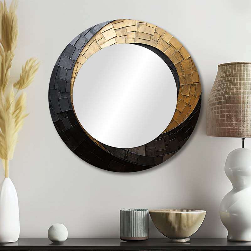 Gold Black Minimalism Spiral Poteries - Abstract Spirals Wall Mirror, Gold Round Decorative Mirror, Printed Metal Art