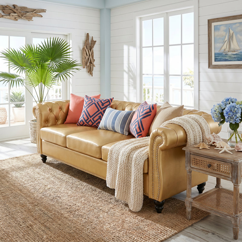 Canapé Chesterfield à accoudoirs roulés de 84,65 po, canapé en cuir de polyuréthane 3 places avec capitonnage à boutons profonds, canapé de salon classique avec structure robuste, imperméable et résistant aux taches