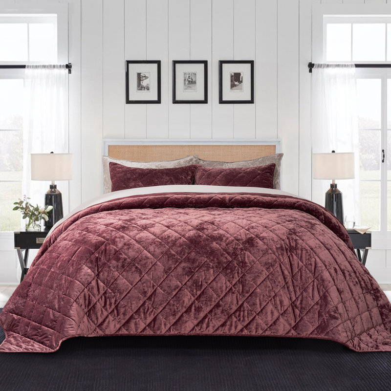 Diamond Crushed Velvet Quilt Set, Burgundy, King Quilt + 2 King Pillow Shams