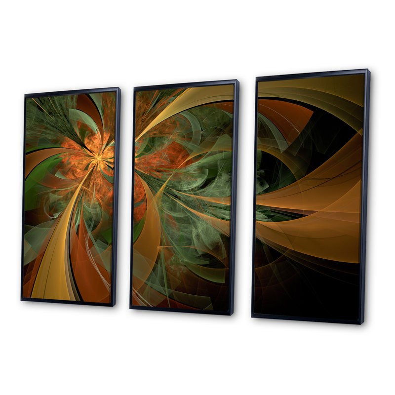 Symétrique symétrique orange numérique fractal - ensemble de 3 reproductions d'art encadrées florales sur toile