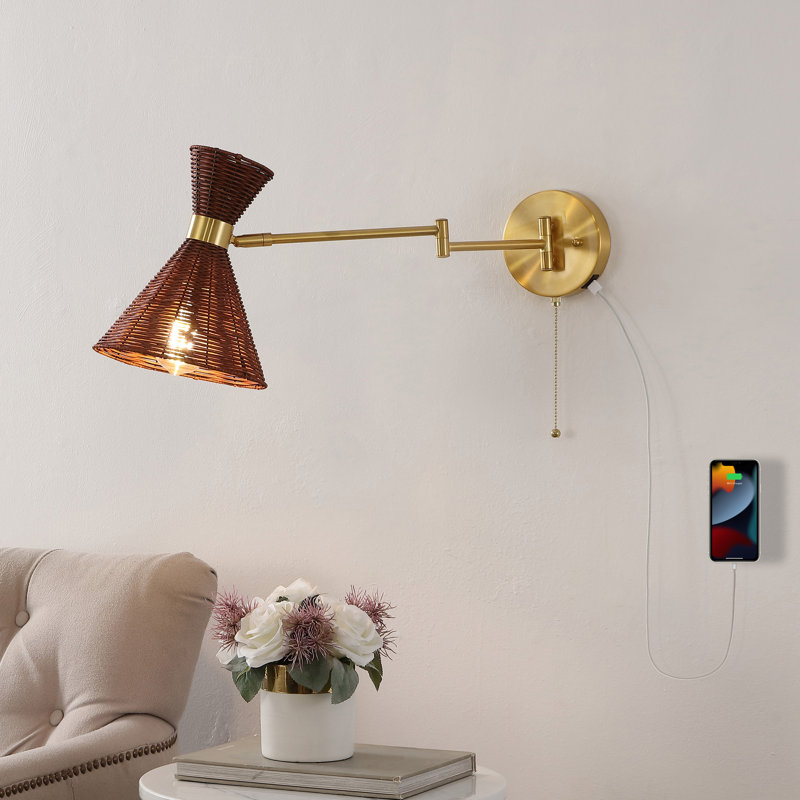Acacio 25" 1-Light Mid-Century Vintage Rattan/Metal USB Charging Swing Arm LED Sconce with Pull Chain, Dark Brown