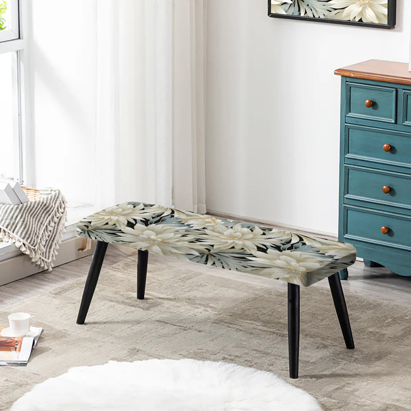 Exotic Grey And White Flowers Pattern - Floral Upholstered Black Bench