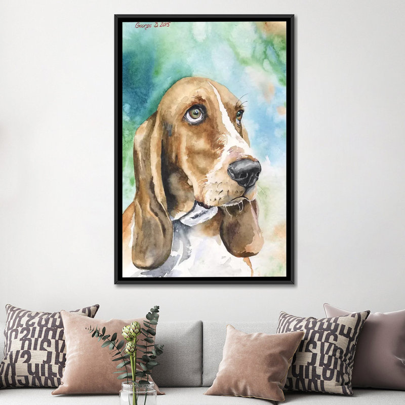 « basset i », reproduction sur toile, H 26 po x l 18 po x P 1,5 po, Toile avec cadre noir, Pas de tapis