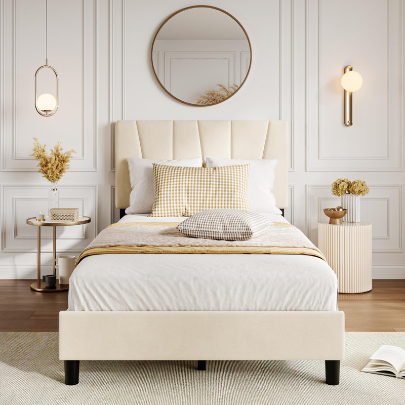 Twin Velvet Upholstered Bed Frame with Adjustable Headboard, Low Profile Platform, No Box Spring, Beige, Twin
