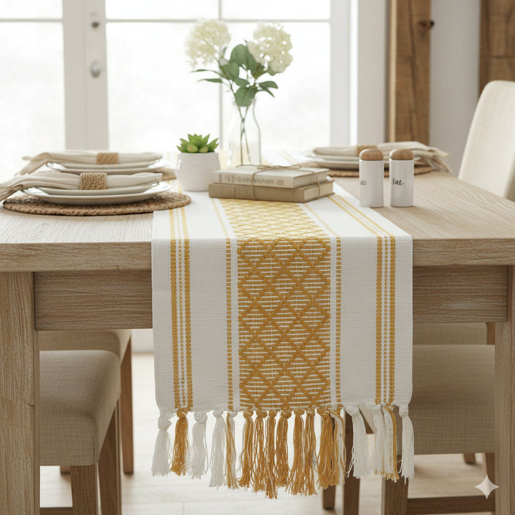 Boho Cotton Woven Table Runner With Tassels Oveesha 