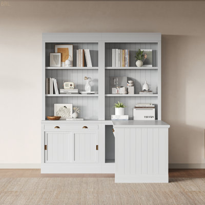 Suite de 83,4 po de hauteur pour bibliothèque et bureau d'écriture, ensemble de bibliothèque moderne avec éclairage à DEL, tiroirs, bureau d'étude et tablettes ouvertes, ensemble de 2 étagères de rangement pour le salon, le bureau personnel, la salle d'étude, blanc