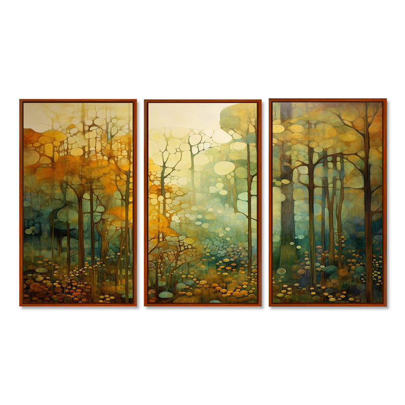 Collage rétro bois d'automne - ensemble d'art mural forêt, H 40 po x l 60 po x P 1 po, Cadre flottant brun