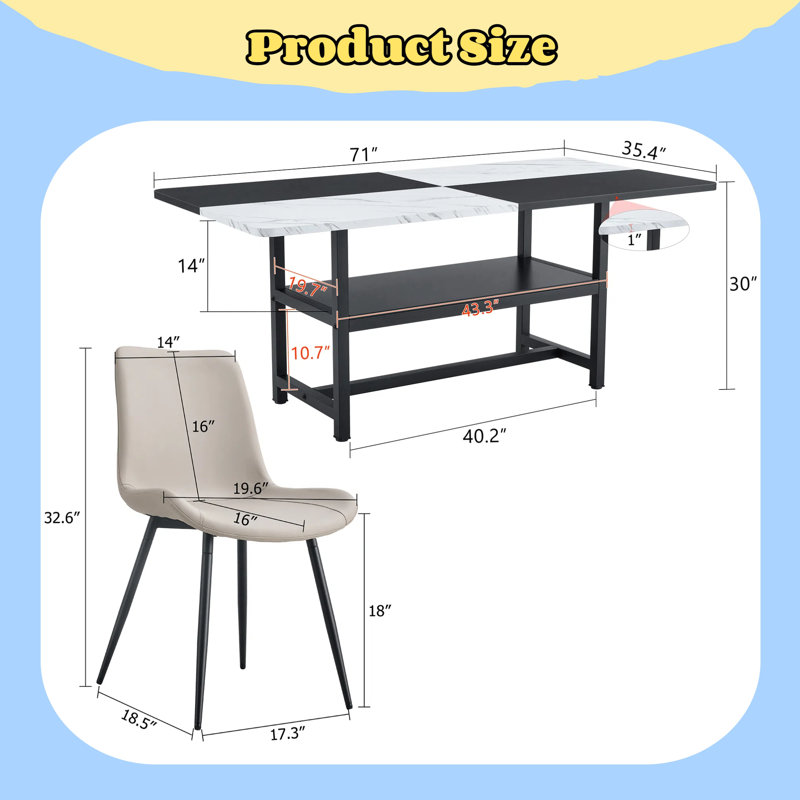 Ensemble de table de salle à manger avec tablettes de rangement 71 po, 9, Beige