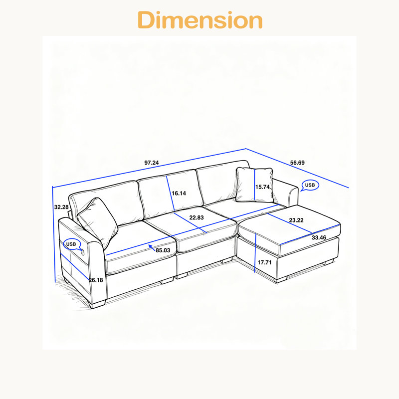 Modern Storage Sofa With Dual USB, 2 Side Pockets,Ottoman Storage Bench Cloud Sectional Chenille Sofa Oversized,4-Seat, L-Shaped Couch