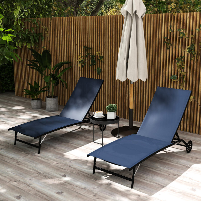 Chaise longue de plage avec roulettes, 5 positions réglables, bleu foncé pour la cour, chaise de position de piscine 2 pièces, plage, 2 pièces