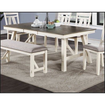 Table de salle à manger élégante à finition blanche avec plateau en bois gris et rallonge pour sièges flexibles