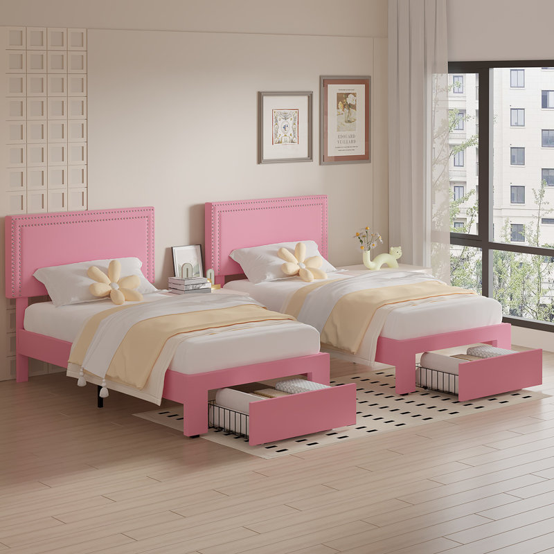 Set Of 2 Twin Size Storage Beds With Adjustable Upholstered Nailhead Trim Headboards And Storage Drawers, Wood Platform Bed Frames