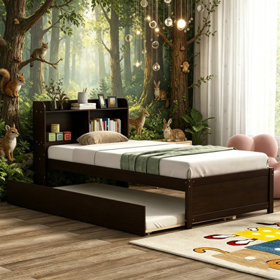 Lit simple pour enfant en bois massif avec tête de lit bibliothèque et lit gigogne simple