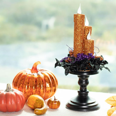 Bougeoir d'Halloween avec bougeoir sans flamme à DEL orange avec minuterie scintillante avec lumières scintillantes fonctionnant à piles pour la fête d'Halloween