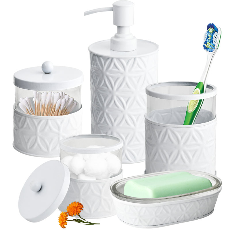 White Glossy Metal and Glass 5-Piece Bathroom Accessory Set
