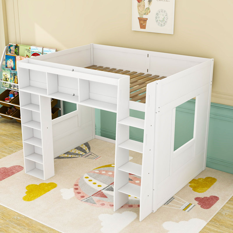 Queen Wood Loft Bed With Storage Shelves And Ladder, White