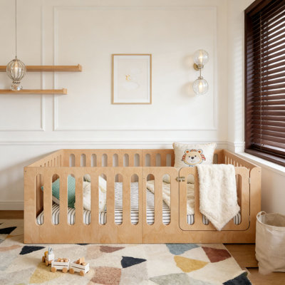 Floor Bed with High Fence with Door, low-profile and No Box Spring Needed Design